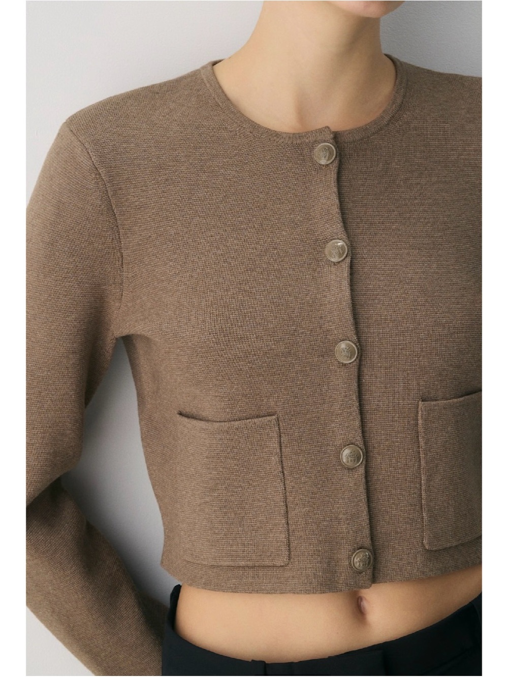 Classic Crewneck Crop Cardigan Sweater in Brown